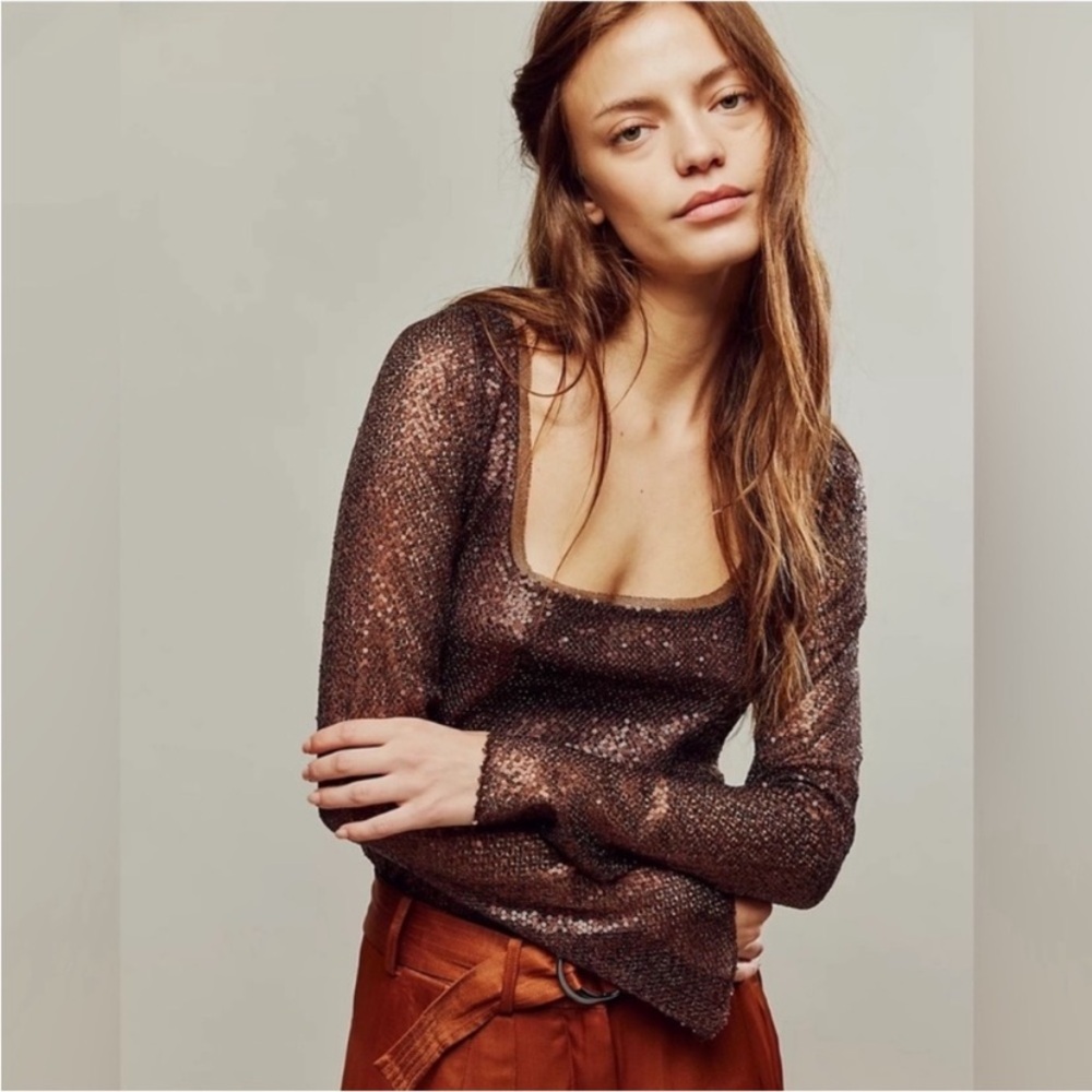 Free People Brown Sequined Long Sleeve Top